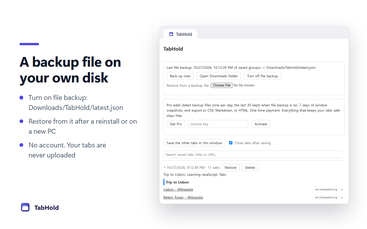 TabHold file backup controls with backup status and a Restore from a backup file button.