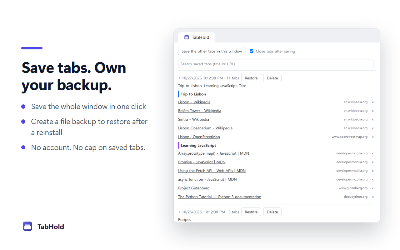 TabHold's saved-tab list with search and restore controls, plus an introduction to optional file backup.